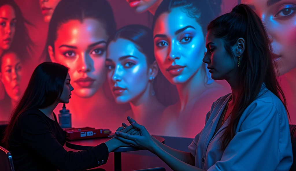 blood donation event in the style of projection mapping, fauvist portraiture, elina karimova, crimson and blue, studio photography, film, color negative