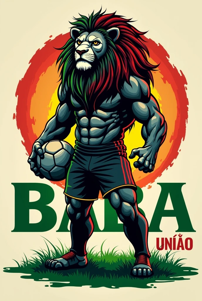 create a logo of a black and white lion with large Bob Marley style dreads in red and green colors standing dressed in a football uniform on a green and red field holding a football and the name BABA UNIÃO written very large
