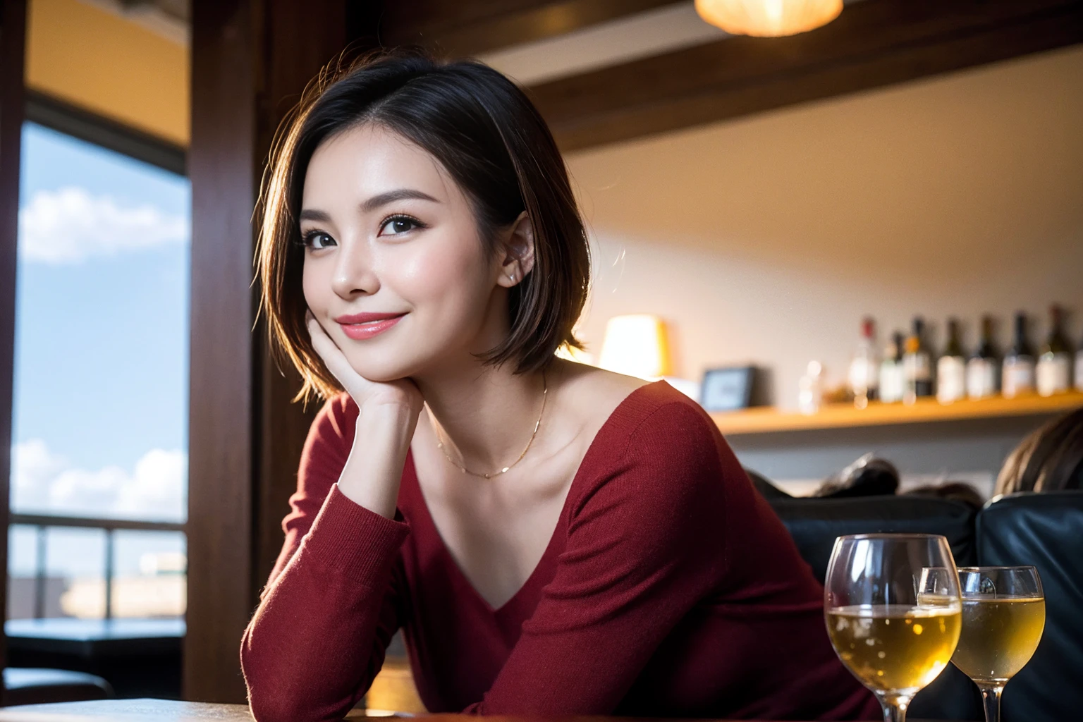 ((Highest quality、8k、masterpiece:1.3))、Whiskey bottles、whiskey、Suntory、Nikka、slimカップル、modelカップル、(Realistic, Intricate details:1.2), full-course dinner、Whiskey bottle and glass on the table、Single Malt、scotch、Rocks glass、Shot Glass、on the rocks、Scotland、Amazing view of the sunset sky and clouds、A bright smile、The wonderfulness of smile、 Beautiful Face, blue eyes, The light shines on your face, blush, short hair,Bright Face、 (Age 37), 3,Two beauties、Brown Hair、Shortcuts、Long sleeve shirt、dress、Beautiful woman 1, (slimな顔), (The body is slim), (Brown Hair), (Shortcuts), cheeks turn a little red,Attractive beauty、restaurant, In a prominent place (From the waist up) Nova Frog Style, actress, model, Upper Body, White wine, slim, smile, (smile: 1.15), Beautiful fine grain, Depth f/2,saturation, High Contrast, Strong light and shadow,Moist Body:1.5、3D texture、Delicate eyes、Brown Hair、The hair is very shiny、