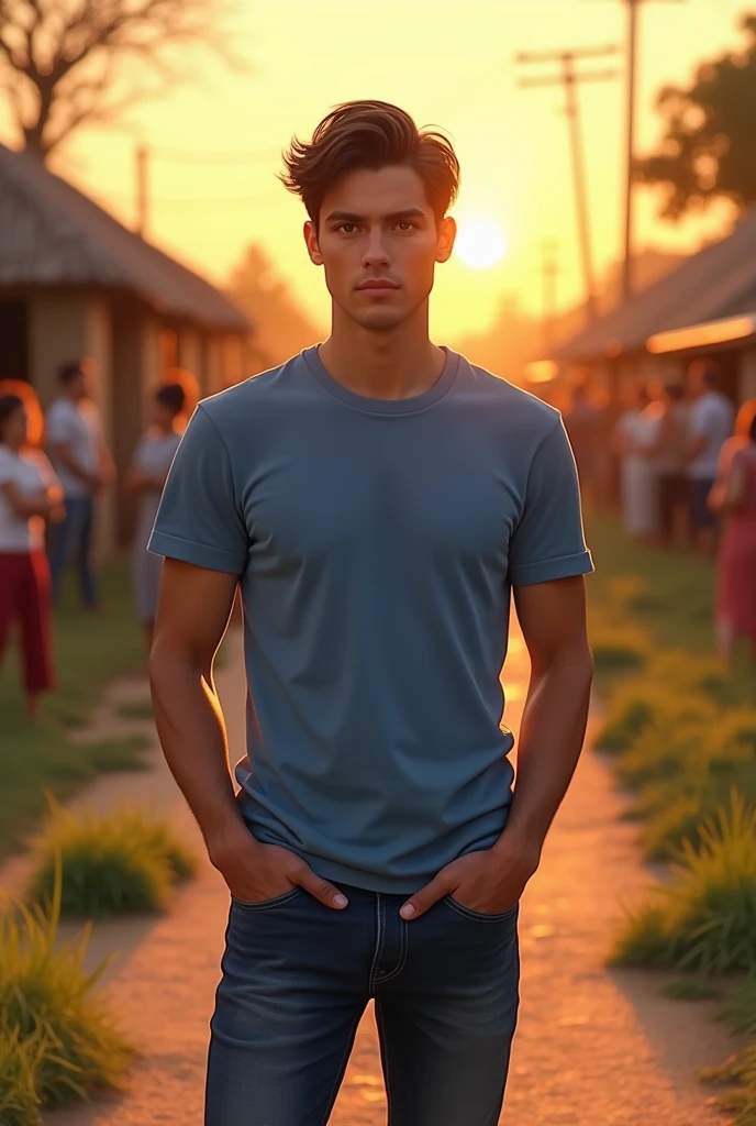 On a village road at sunset, a handsome twenty-year-old caucasian boy with a fair complexion and dark brown hair stands with an easy confidence. His brown eyes reflect the warm, golden light of the evening. Dressed in a simple blue t-shirt and denim jeans, he blends effortlessly into the rustic setting. Surrounding him are patches of tall grass and a crowd of people, adding a lively backdrop to his calm, composed presence.