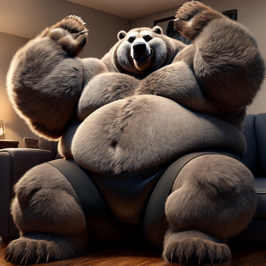 Fat Huge 450 Pounds Daddy Furry Grey Beast Grizzly Bear Big Belly, and Large Chunky body and wearing Black Shorts, sitting on the Sofa, His Belly is Bigger, Huge, Fat, Chunky, Furry, Big, and Huge, and got his arms up wanting a hug