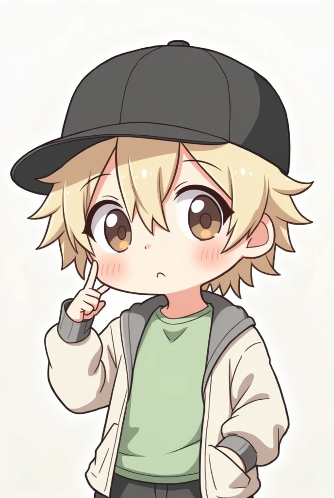 Anime Boy chibi, wear cap black, wearing shirt light green, jacket white, looking something
,hair is wavy and fluffy