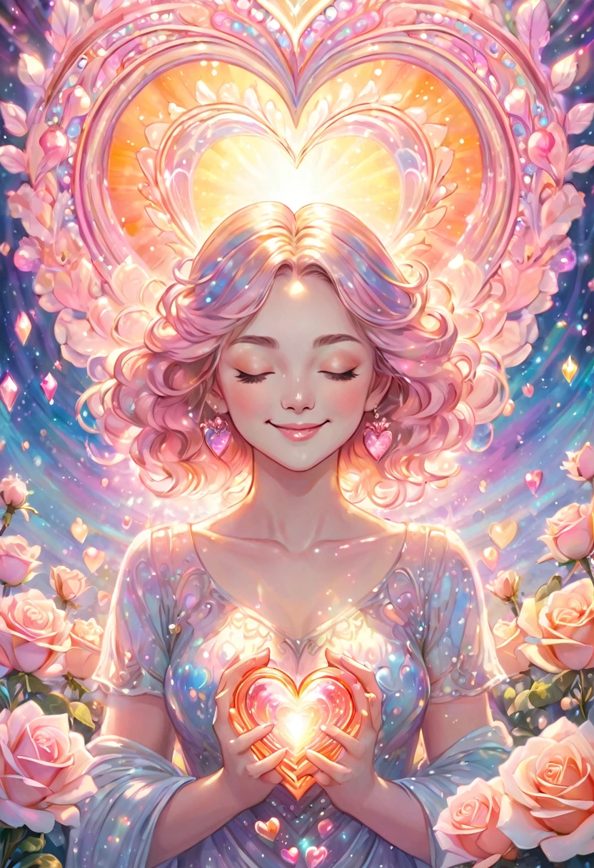 In the center depicts a woman holding a large salmon pink heart in her chest. She is smiling with her eyes closed and holding a heart. tear crystals. The brilliance of pearls. A rainbow of pastel colors will envelop your heart. This heart emits light and creates a light effect around it. ripples of light. The radiance spreads, and the background is a gradation of pale pink and pale orange, creating the feeling of soft light spreading. Try to express kindness and reassurance throughout. Add shine with light radiation and fine particles. surrounded by white roses. We created a bright and warm design that will warm the hearts of those who see it. Add elegance with a spiritual touch