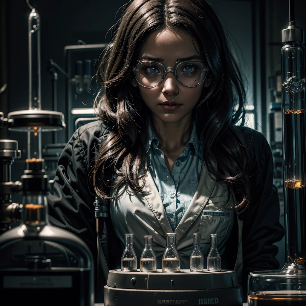 beautiful woman scientist, detailed eyes and face, lab coat, goggles, test tubes, scientific equipment, monstrous being, dark laboratory, dramatic lighting, cinematic, award winning, highly detailed, intricate, photorealistic, 8k, masterpiece