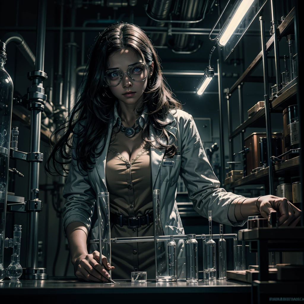 beautiful woman scientist, detailed eyes and face, lab coat, goggles, test tubes, scientific equipment, monstrous being, dark laboratory, dramatic lighting, cinematic, award winning, highly detailed, intricate, photorealistic, 8k, masterpiece