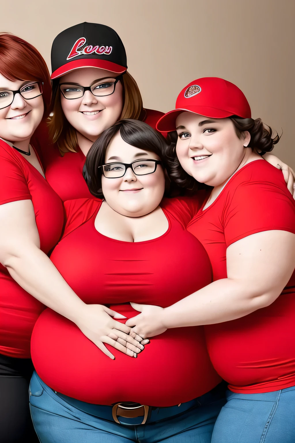 five extremely fat old caucasian women hugging, huge bust, 300 pounds, large stomach, lovehandles, smiling, bbw, plus size woman, wearing baseball cap, belt, massive and gigantic belly, wearing a red shirt and black pants, hand on stomach, wearing glasses, short hair