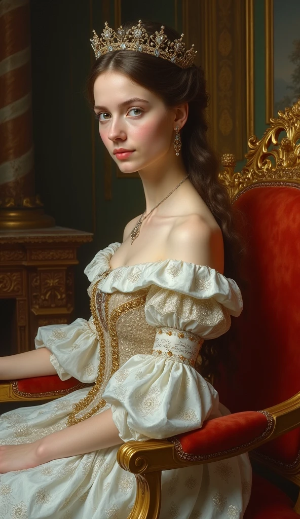 The young and very beautiful Queen Maria Luisa of Spain, Formal wear, Sitting on the throne