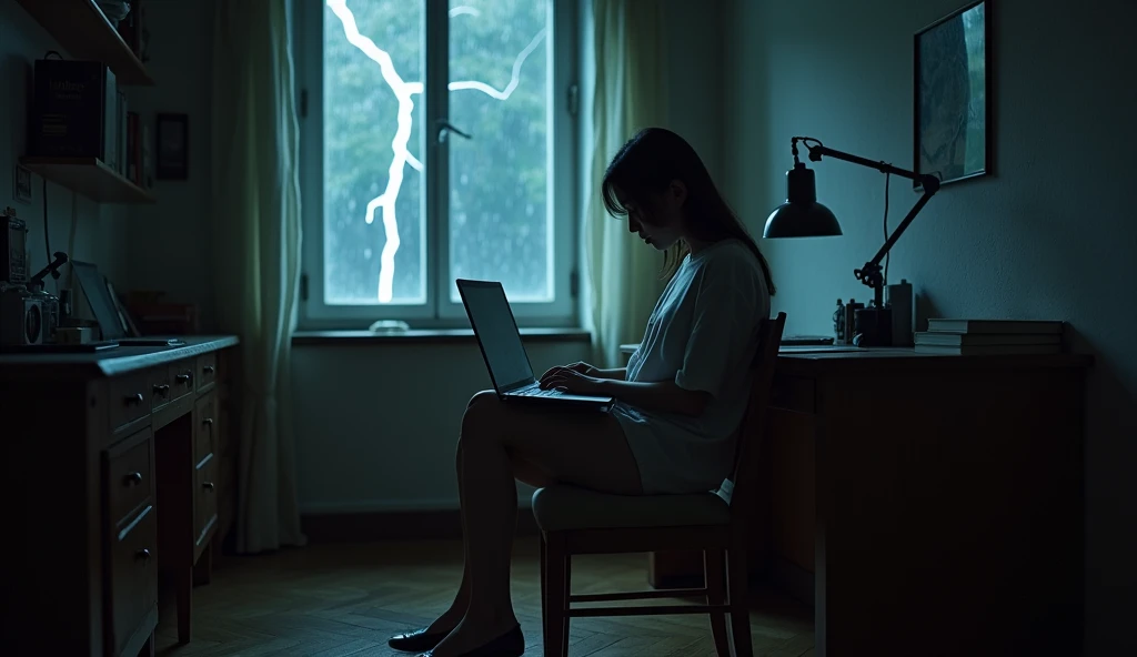 A side view photo of a young and beautiful Korean woman sitting in a comfortable chair close to her study table in an old, dark room. The woman is facing away from the camera and is studying. The room has a wooden floor and is filled with various items, including a table, a study lamp, a laptop, a mobile phone, and books kept on a table. A window in the room is illuminated by a lightning strike, revealing raindrops hitting the glass. The overall atmosphere of the photo is eerie and mysterious.
