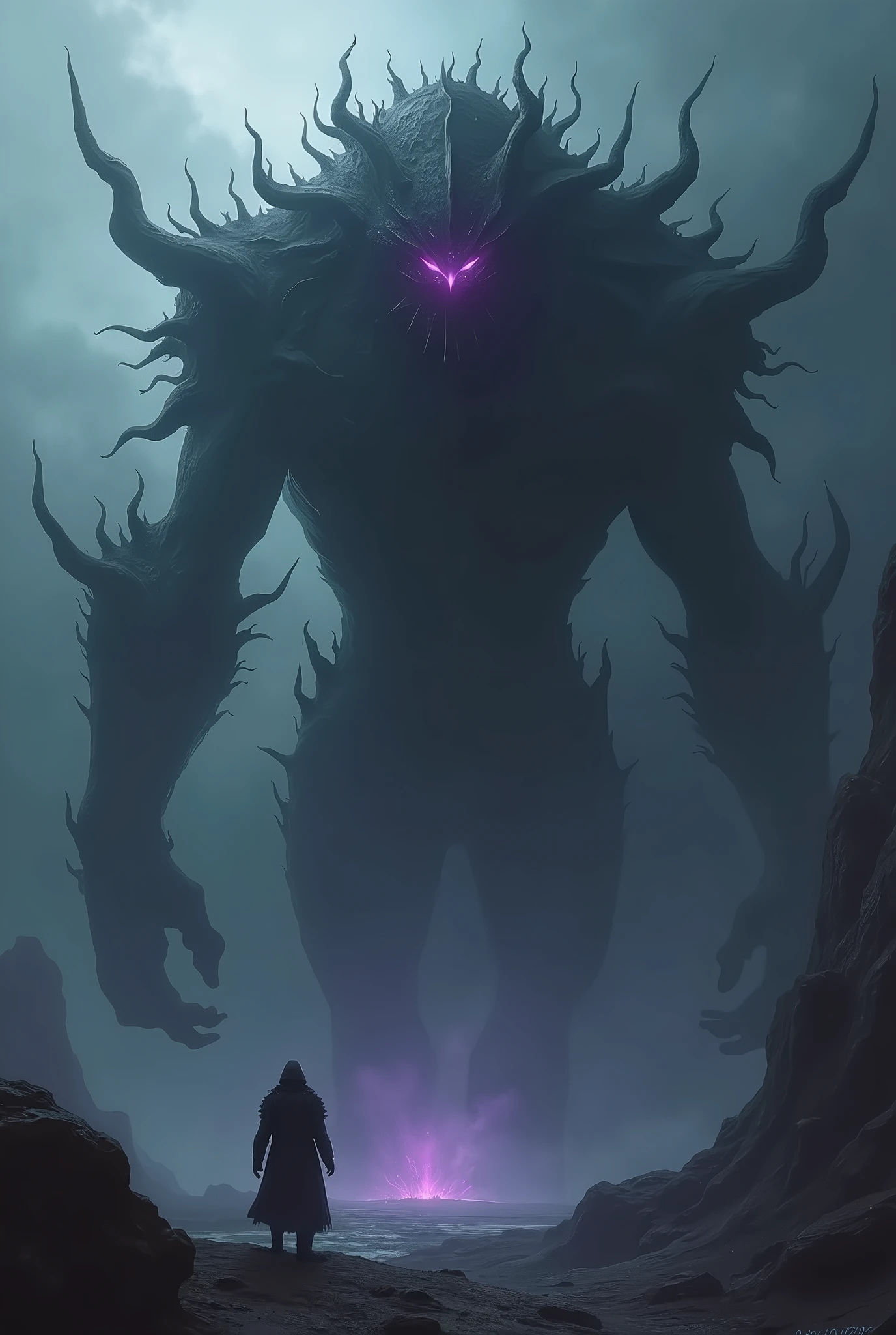 A figure of pure darkness, una creatura di dimensioni colossali con un corpo che sembra assorbire tutta la luce. Its shape is constantly changing, with shadows flowing away from him like smoke. His armor becomes an extension of the shadows, and his eyes shine with a deep purple light, that penetrates the darkness.
