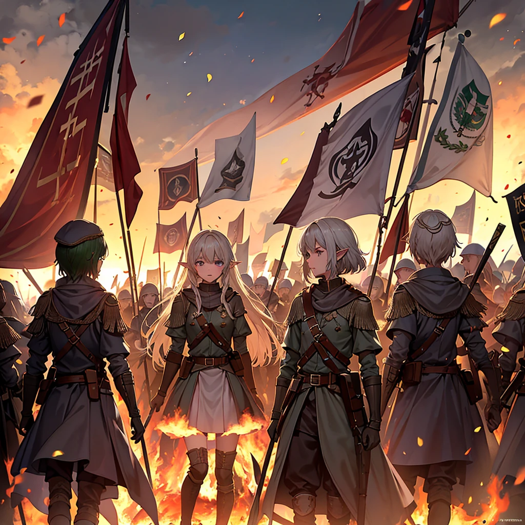 A heavily armed army of elves marches in tight formation with raised banners across the burning fields.., Each soldier is depicted in detail.