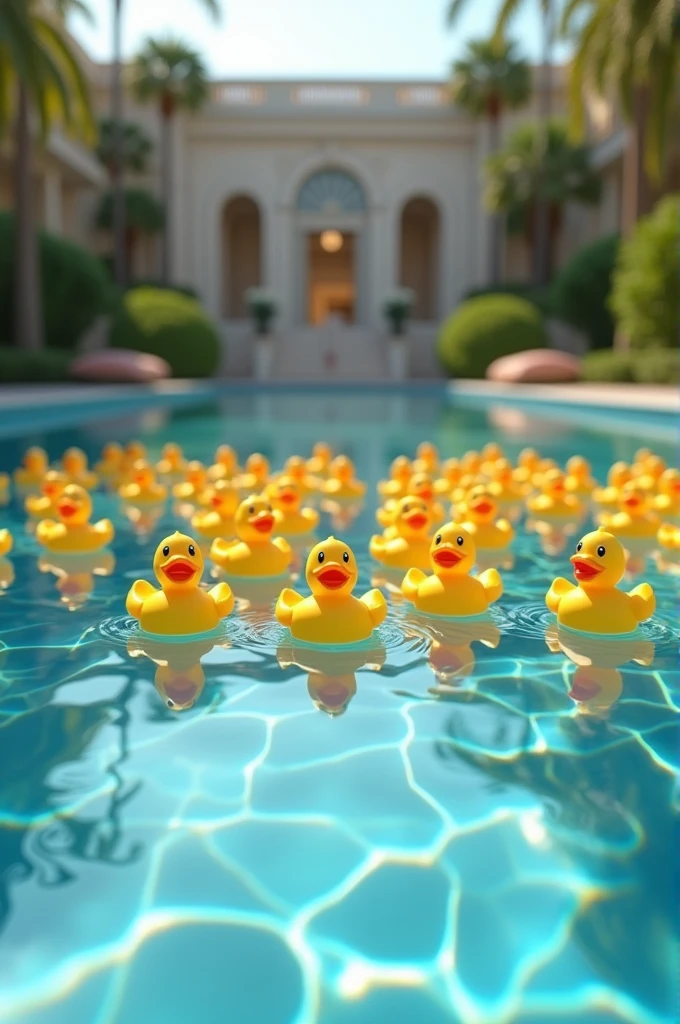 high quality, 8K Ultra HD, grande piscine , remplie de petits canards jaunes en plastique , qui font coincoin