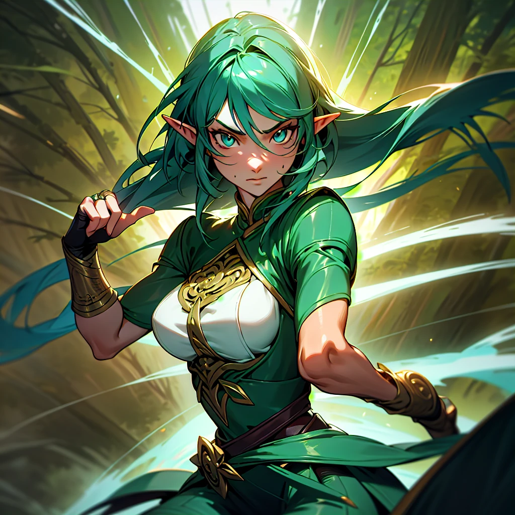 Illustration of an Elf warrior girl in dynamic combat pose in forest, facial expression of fury, hot body, nice boobs, detailed face, intricate datails, glowing skin, stylish rocker, cinematic lighting, super detail, best quality, masterpiece, anatomically correct, textured skin, super detail, high details, high quality, Artstation. background, a cinematic ring.