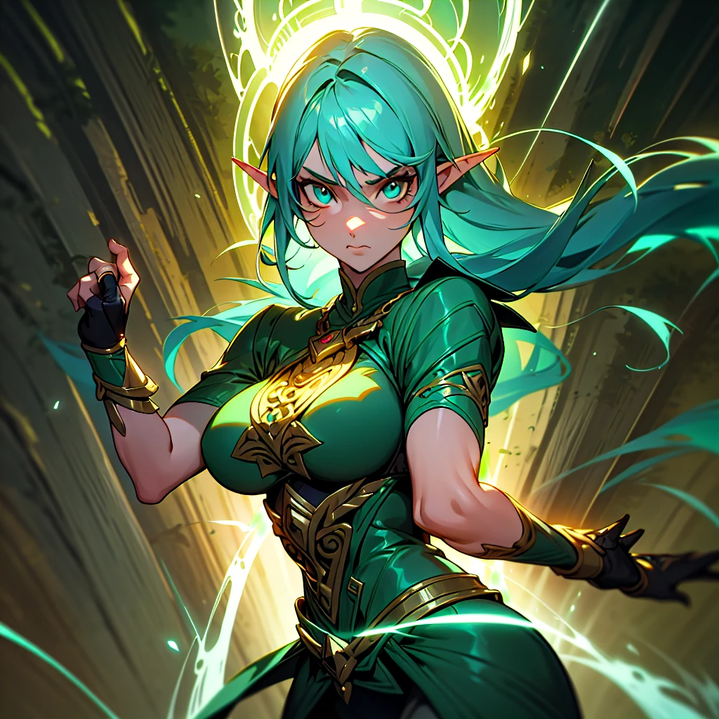 Illustration of an Elf warrior girl in dynamic combat pose in forest, facial expression of fury, hot body, nice boobs, detailed face, intricate datails, glowing skin, stylish rocker, cinematic lighting, super detail, best quality, masterpiece, anatomically correct, textured skin, super detail, high details, high quality, Artstation. background, a cinematic ring.