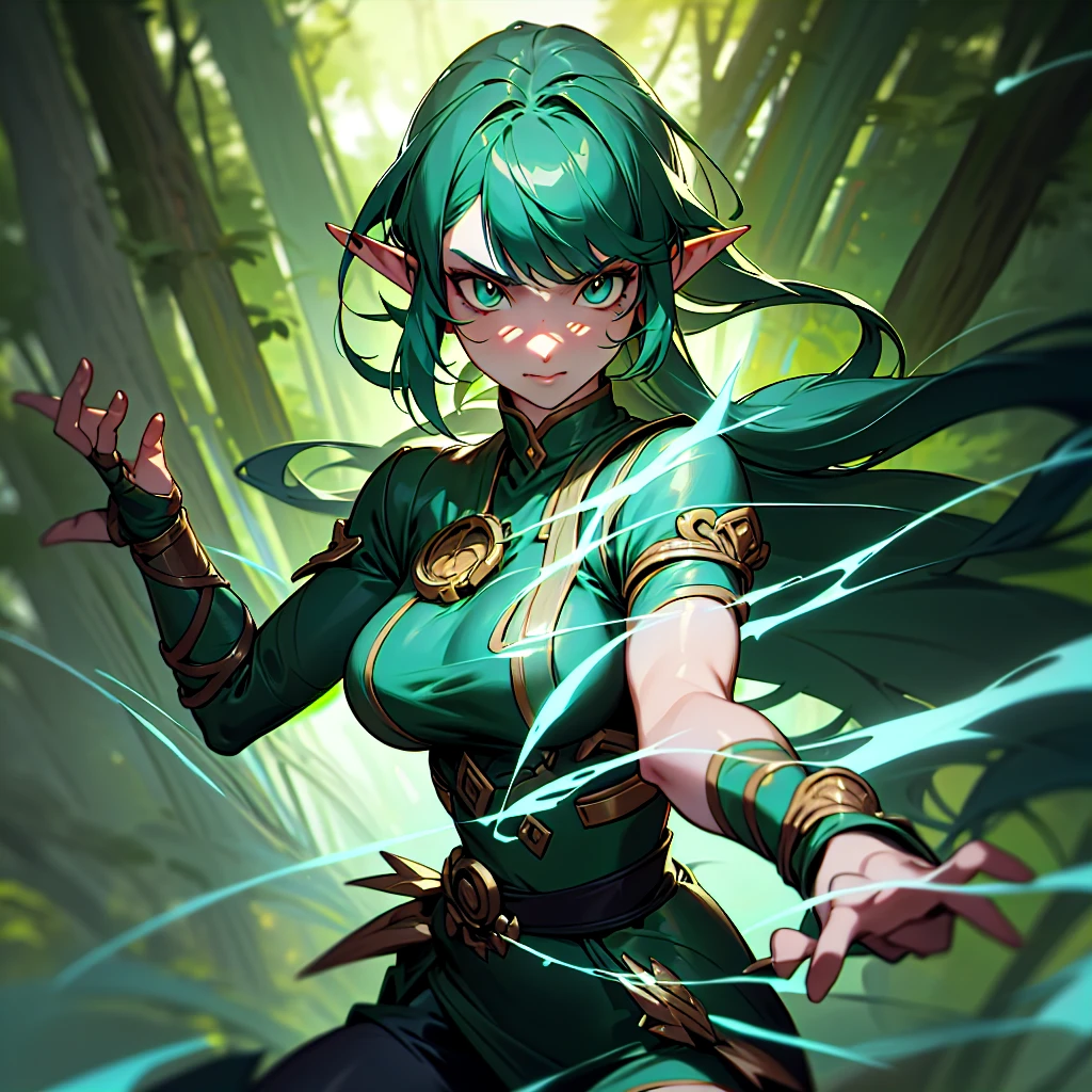 Illustration of an Elf warrior girl in dynamic combat pose in forest, facial expression of fury, hot body, nice boobs, detailed face, intricate datails, glowing skin, stylish rocker, cinematic lighting, super detail, best quality, masterpiece, anatomically correct, textured skin, super detail, high details, high quality, Artstation. background, a cinematic ring.