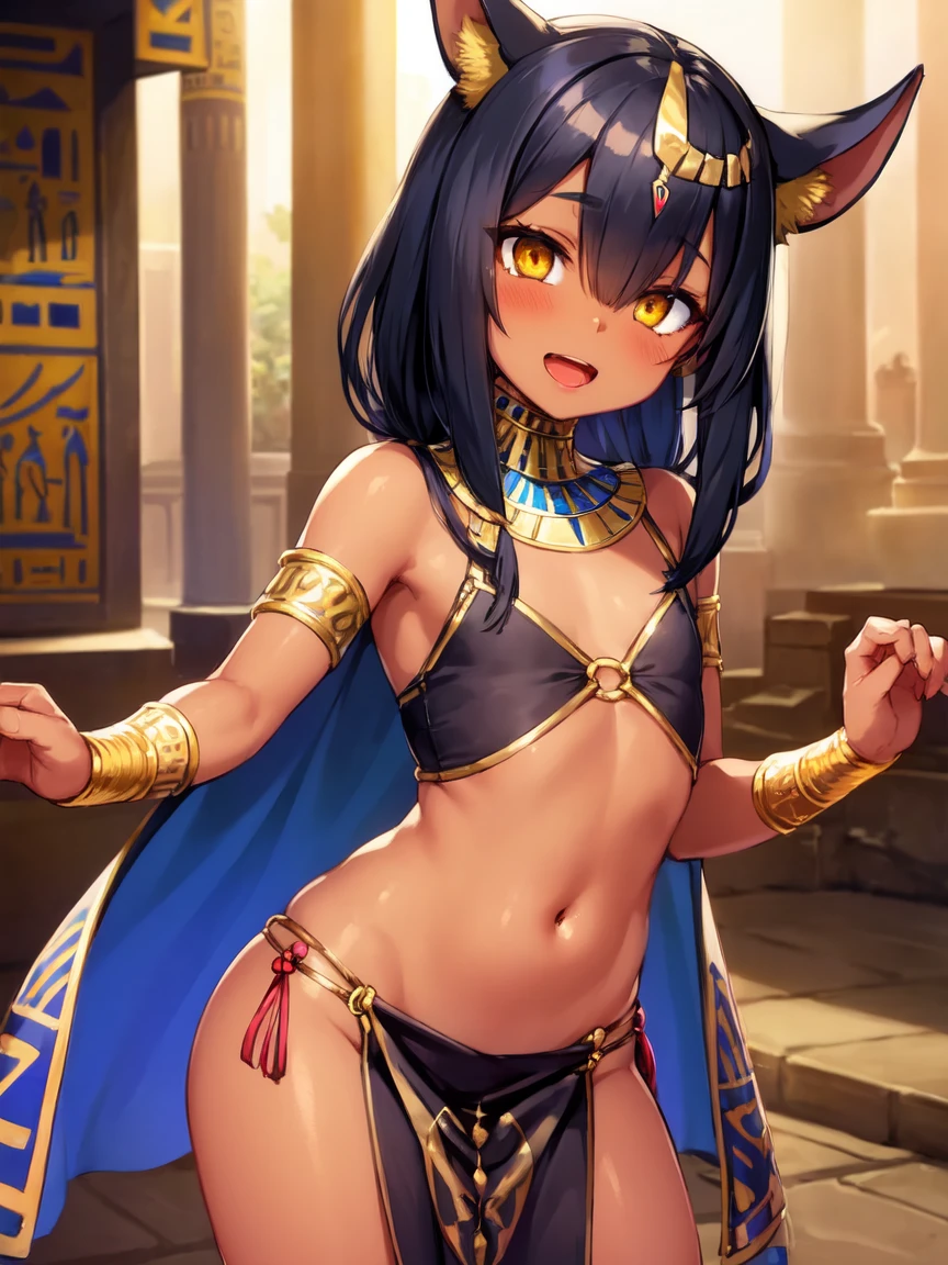 (SLE, mksks style, detailed background:1.1), (solo:1.3), girl, dark skin, ornate egyptian dress, long hair, black hair, beautiful hair, (hair over eye), yellow_eyes, happy,head tilt, volumetric lighting, (outdoor:1.3), egyptian, colorful, flat chest, female anubis, egyptian clothes, egyptian mythology, teen, lewd outfit, young, (young girl), child, (very young girl), small girl, skimpy outfit, midriff, nsfw, lewd, slutty facial expression, (dancing), open mouth, (dark skin), (pelvic curtain),
