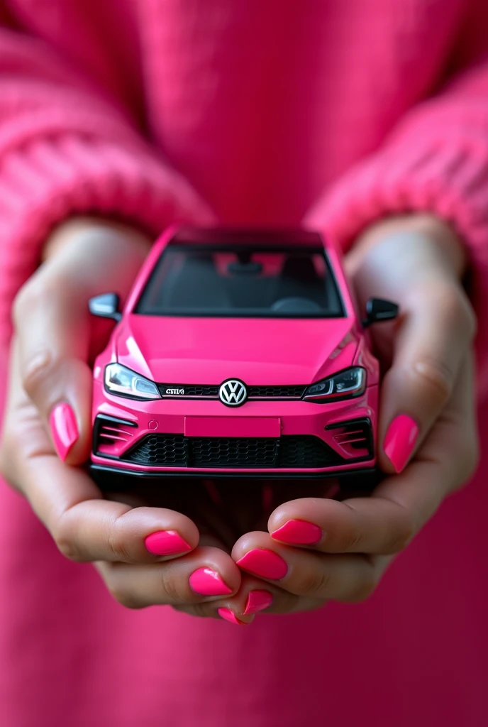 Neon pink Volkswagen golf in my hands matching my nails