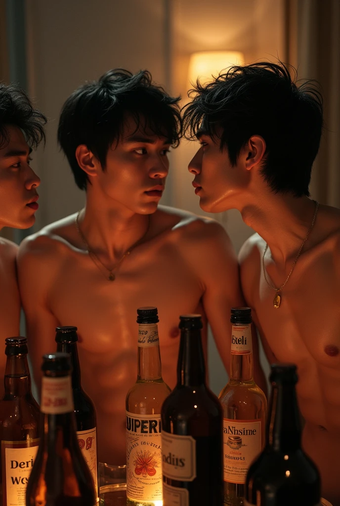 Photo Quality、A lot of cute handsome men、Mash Hair、Japanese male, 、Completely naked、Full nudity、erection、Huge penis、Highest quality、Realistic、beautiful、Lots of bottled beer、bottle wine、Surrounded by whiskey bottles、Inside the apartment、Dim lighting、Blowjob