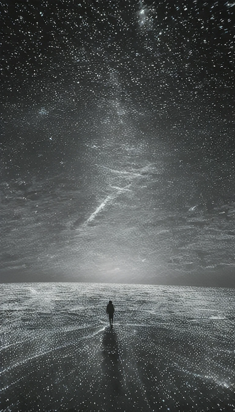 Highest quality,Very detailed,reality:1.37,landscape,Black and White,Soft lighting,star,Temptation star,star cloud,Wandering Person,peaceful loneliness,Vast Universe,Subtle texture,peaceful atmosphere,Calm,,Heavenly Beauty,peaceful,Simple shapes and lines,A sublime experience,Limited color palette,Dreamy atmosphere((Background only))