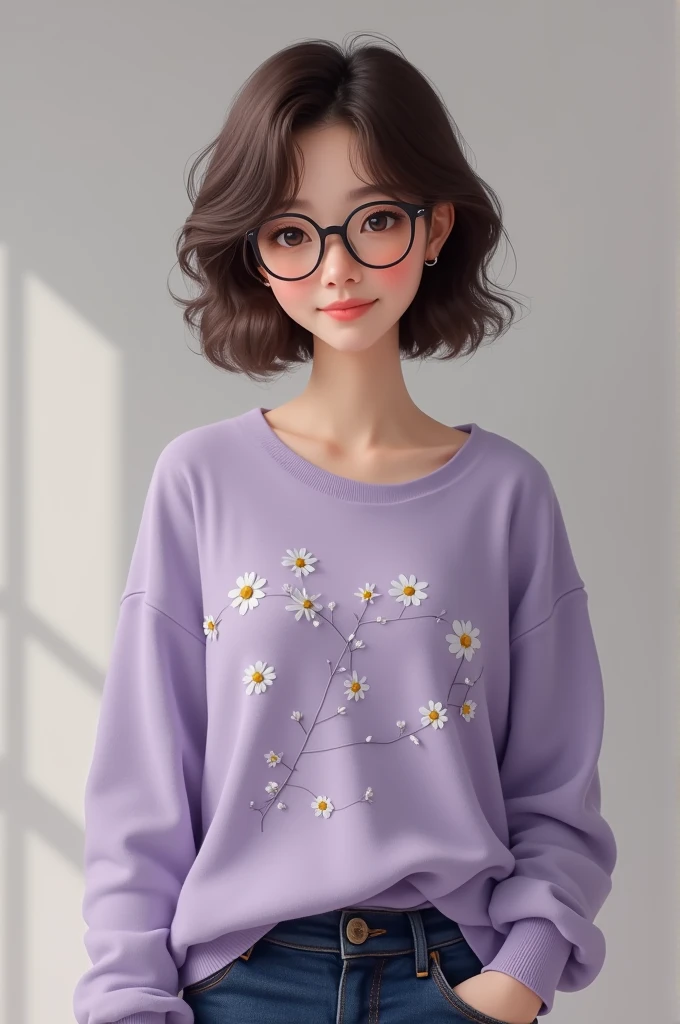a young woman with short, dark brown hair. She is wearing a light purple sweater with a subtle floral pattern and a pair of dark blue jeans. Her glasses are perched on her nose.The woman's casual attire and relaxed pose suggest a sense of comfort and ease. The focus of the image is on the woman's face and upper body, with the background serving as a simple backdrop.