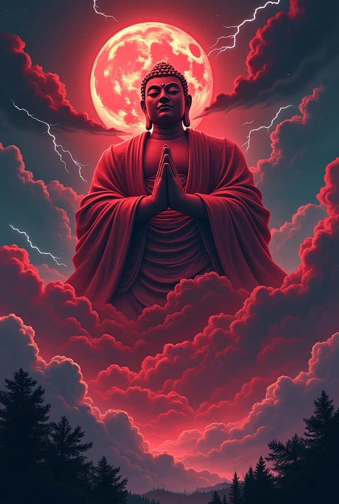 In a dramatic comic poster style, a masterpiece illustration depicts a colossal statue of Buddha formed entirely from blood-red clouds, floating ominously in a stormy night sky. The Buddha, with an intense and powerful expression, is crafted from swirling, crimson clouds, creating a hauntingly beautiful and surreal figure. The deep red tones contrast sharply against the dark, storm-laden sky, where flashes of lightning illuminate the scene, casting eerie, fleeting shadows across the Buddha's face.

The storm clouds, heavy and turbulent, roll across the sky, adding a sense of movement and chaos to the scene. The Buddha statue, however, remains calm and imposing, with the red clouds glowing softly in the intermittent lightning, making it appear as though the figure is pulsing with a life of its own. The shadows play across the statue, with deep, dark areas where the clouds are densest, giving the impression of a powerful, almost otherworldly presence.

In the background, the night sky is filled with swirling, dark clouds that occasionally part to reveal glimpses of a stormy, moonlit night. The moon, partially obscured by the clouds, casts a cold, pale light that contrasts with the warm, menacing glow of the red Buddha. Thunder rumbles in the distance, and the atmosphere is thick with tension, as if nature itself is reacting to the presence of this divine, yet fearsome, figure.

In the foreground, lightning strikes illuminate the scene, creating sharp, dramatic contrasts of light and shadow that add to the intensity of the image. The entire composition is framed with bold, comic book-style lines, and the use of deep reds and blacks gives the scene a striking, ominous quality. The blood-red Buddha statue, with its calm yet imposing presence, dominates the sky, creating an unforgettable visual that blends serenity with the raw power of a stormy night, all rendered in a vivid, comic poster style.