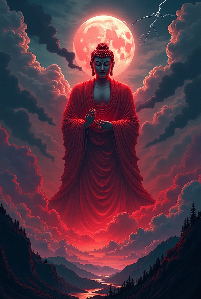 In a dramatic comic poster style, a masterpiece illustration depicts a colossal statue of Buddha formed entirely from blood-red clouds, floating ominously in a stormy night sky. The Buddha, with an intense and powerful expression, is crafted from swirling, crimson clouds, creating a hauntingly beautiful and surreal figure. The deep red tones contrast sharply against the dark, storm-laden sky, where flashes of lightning illuminate the scene, casting eerie, fleeting shadows across the Buddha's face.

The storm clouds, heavy and turbulent, roll across the sky, adding a sense of movement and chaos to the scene. The Buddha statue, however, remains calm and imposing, with the red clouds glowing softly in the intermittent lightning, making it appear as though the figure is pulsing with a life of its own. The shadows play across the statue, with deep, dark areas where the clouds are densest, giving the impression of a powerful, almost otherworldly presence.

In the background, the night sky is filled with swirling, dark clouds that occasionally part to reveal glimpses of a stormy, moonlit night. The moon, partially obscured by the clouds, casts a cold, pale light that contrasts with the warm, menacing glow of the red Buddha. Thunder rumbles in the distance, and the atmosphere is thick with tension, as if nature itself is reacting to the presence of this divine, yet fearsome, figure.

In the foreground, lightning strikes illuminate the scene, creating sharp, dramatic contrasts of light and shadow that add to the intensity of the image. The entire composition is framed with bold, comic book-style lines, and the use of deep reds and blacks gives the scene a striking, ominous quality. The blood-red Buddha statue, with its calm yet imposing presence, dominates the sky, creating an unforgettable visual that blends serenity with the raw power of a stormy night, all rendered in a vivid, comic poster style.