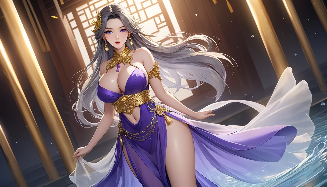 high quality,HD,16K,Sharp Line,1 Girl,fantasy, (Fire Spirits),Pretty Face, Large , Beautiful legs,In the water,Focus Girl,detailed Pretty Face,Detailed clothes,beautiful eyes,Cool,Sexy,Dyic Angle,穿着华服的神明Strike a pose拍照, Ancient mysterious sexy godde Traditional beauty woman, Beautiful female warrior god of war , Beautiful sexy goddess,rgeous role-playing, high, Beautiful young girl, Beautiful woman, 华丽Beautiful woman, Complex clothing,Chinese Mystical Aesthetics, Beautiful goddess ancient mysterious girl, Extremely detailed shot of the goddess, Jaw-dropping sexy beauty, Bigeasts deep ne belly button(butt), (bedr), (Sexy Gi, mastece, best quality, Bs, blush, Chest, clavicle, Eyebrows visible through hair, (Ombre gold hair), Jewelry, Long hair,Bright Eyes, ring, (solitary), illustration, fashionable, miss, Strike a pose, background, element, confident, Express, Accessories, majestic, striking, key point, Dynamic poses, ((plump)), (purple))Woman in transparent dress,Viewer,(((Full breasts, Keeley University))),Slim waist,(Naosed,Bare waist), Long hair, extreme detailed details, 详细的fantasy艺术, Stunning character art, Beautiful and exquisite character art, Beautiful transparent dress, Very detailed, Large Breasts,Chest,Golden ratio figure,Beautiful figure,ide-angle shooting,Full body shot拍摄,Body close-up,Full body shot,Wearing a pleated tulle skirt,柔和动漫illustration, 柔和的深色background,Fujifilm XT3 Clear focus, f 5.6, High Detail, Clear focus,(Wearing openwork clothing),, (Natural light), (Tempting)translucent, Good velvet quality, Compared, Divine Light,, Silver hair, 夜空background, Absolute Strength,Female Shinmei,穿着性感丝绸的Female Shinmei,,Large Breasts,Chest,Golden ratio figure,Beautiful figure,Ultra wle shooting,Full body shot,Body close-up,Full body shot, Wearing a tulle dress, Model shooting style, Large Breasts,饱满Chest,Golden ratio figure,Beautiful figure,(Extremely d CG 8k wallpaper unit), The most beautiful artistic photos in the world, , 8K 超HD, ) ,Sexy姿态,Sexy表情,best quality,masterpiece,Ultra-high resolution,(Practical:),origi photo,Ultra-high resolution