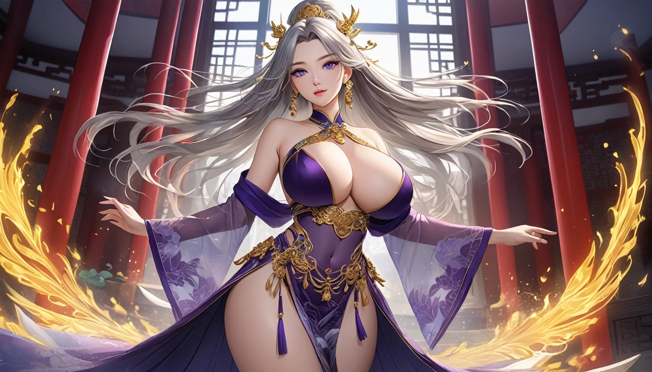 high quality,HD,16K,Sharp Line,1 Girl,fantasy, (Fire Spirits),Pretty Face, Large Breasts, Beautiful legs,In the water,Focus Girl,detailed Pretty Face,Detailed clothes,beautiful eyes,Cool,Sexy,Dynamic Angle,穿着华服的神明Strike a pose拍照, Ancient mysterious sexy goddess, Traditional beauty woman, Beautiful female warrior god of war , Beautiful sexy goddess, Gorgeous role-playing, high, Beautiful young girl, Beautiful woman, 华丽Beautiful woman, Complex clothing,Chinese Mystical Aesthetics, Beautiful goddess ancient mysterious girl, Extremely detailed shot of the goddess, Jaw-dropping sexy beauty, Big breasts deep neckline sexy belly button(butt), (bedroom), (Sexy Girls), masterpiece, best quality, Bangs, blush, Chest, clavicle, Eyebrows visible through hair, (Ombre gold hair), Jewelry, Long hair,Bright Eyes, ring, (solitary), illustration, fashionable, miss, Strike a pose, background, element, confident, Express, Accessories, majestic, striking, key point, Dynamic poses, ((plump)), (purple))Woman in transparent dress,Viewer,(((Full breasts, Keeley University))),Slim waist,(Navel exposed,Bare waist), Long hair, extreme detailed details, 详细的fantasy艺术, Stunning character art, Beautiful and exquisite character art, Beautiful transparent dress, Very detailed, Large Breasts,Chest,Golden ratio figure,Beautiful figure,Ultra wide-angle shooting,Full body shot拍摄,Body close-up,Full body shot,Wearing a pleated tulle skirt,柔和动漫illustration, 柔和的深色background,Fujifilm XT3 Clear focus, f 5.6, High Detail, Clear focus,(Wearing openwork clothing),, (Natural light), (Tempting)translucent, Good velvet quality, Compared, Divine Light,, Silver hair, 夜空background, Absolute Strength,Female Shinmei,穿着性感丝绸的Female Shinmei,,Large Breasts,Chest,Golden ratio figure,Beautiful figure,Ultra wide-angle shooting,Full body shot,Body close-up,Full body shot, Wearing a tulle dress, Model shooting style, Large Breasts,饱满Chest,Golden ratio figure,Beautiful figure,(Extremely detailed CG 8k wallpaper unit), The most beautiful artistic photos in the world, , 8K 超HD, ) ,Sexy姿态,Sexy表情,best quality,masterpiece,Ultra-high resolution,(Practical:1.4),original photo,Ultra-high resolution