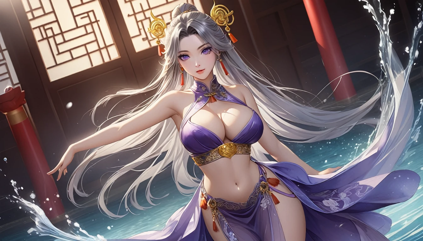 high quality,HD,16K,Sharp Line,1 Girl,fantasy, （Fire Spirits）,Pretty Face, Large Breasts, Beautiful legs,In the water,Focus Girl,detailed Pretty Face,Detailed clothes,beautiful eyes,Cool,Sexy,Dynamic Angle,穿着华服的神明Strike a pose拍照, Ancient mysterious sexy goddess, Traditional beauty woman, Beautiful female warrior god of war , Beautiful sexy goddess, Gorgeous role-playing, high, Beautiful young girl, Beautiful woman, 华丽Beautiful woman, Complex clothing,Chinese Mystical Aesthetics, Beautiful goddess ancient mysterious girl, Extremely detailed shot of the goddess, Jaw-dropping sexy beauty, Big breasts deep neckline sexy belly button（butt), (bedroom), (Sexy Girls), masterpiece, best quality, Bangs, blush, Chest, clavicle, Eyebrows visible through hair, (Ombre gold hair), Jewelry, Long hair,Bright Eyes, ring, (solitary), illustration, fashionable, miss, Strike a pose, background, element, confident, Express, Accessories, majestic, striking, key point, Dynamic poses, ((plump)), (purple))Woman in transparent dress,Viewer,(((Full breasts, Keeley University))),Slim waist,(Navel exposed,Bare waist), Long hair, extreme detailed details, 详细的fantasy艺术, Stunning character art, Beautiful and exquisite character art, Beautiful transparent dress, Very detailed, Large Breasts，Chest，Golden ratio figure，Beautiful figure，Ultra wide-angle shooting，Full body shot拍摄，Body close-up，Full body shot，Wearing a pleated tulle skirt，柔和动漫illustration, 柔和的深色background，Fujifilm XT3 Clear focus, f 5.6, High Detail, Clear focus,(Wearing openwork clothing),, (Natural light), (Tempting)translucent, Good velvet quality, Compared, Divine Light,, Silver hair, 夜空background, Absolute Strength,Female Shinmei，穿着性感丝绸的Female Shinmei,，Large Breasts，Chest，Golden ratio figure，Beautiful figure，Ultra wide-angle shooting，Full body shot，Body close-up，Full body shot， Wearing a tulle dress, Model shooting style, Large Breasts，饱满Chest，Golden ratio figure，Beautiful figure，(Extremely detailed CG 8k wallpaper unit), The most beautiful artistic photos in the world, , 8K 超HD, ) ，Sexy姿态，Sexy表情，best quality,masterpiece,Ultra-high resolution,(Practical:1.4),original photo,Ultra-high resolution