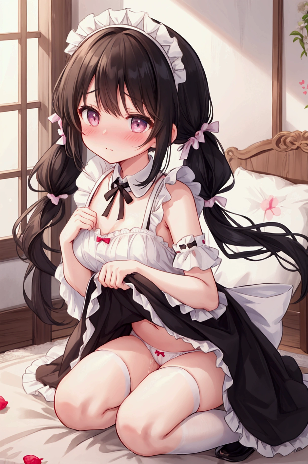 Girl、Black Hair、Pigtails、Embarrassed、blush one's cheeks、Maid clothes、Maid headdress、from the front、knees to chest、White lace panties、pussy juice、indoor