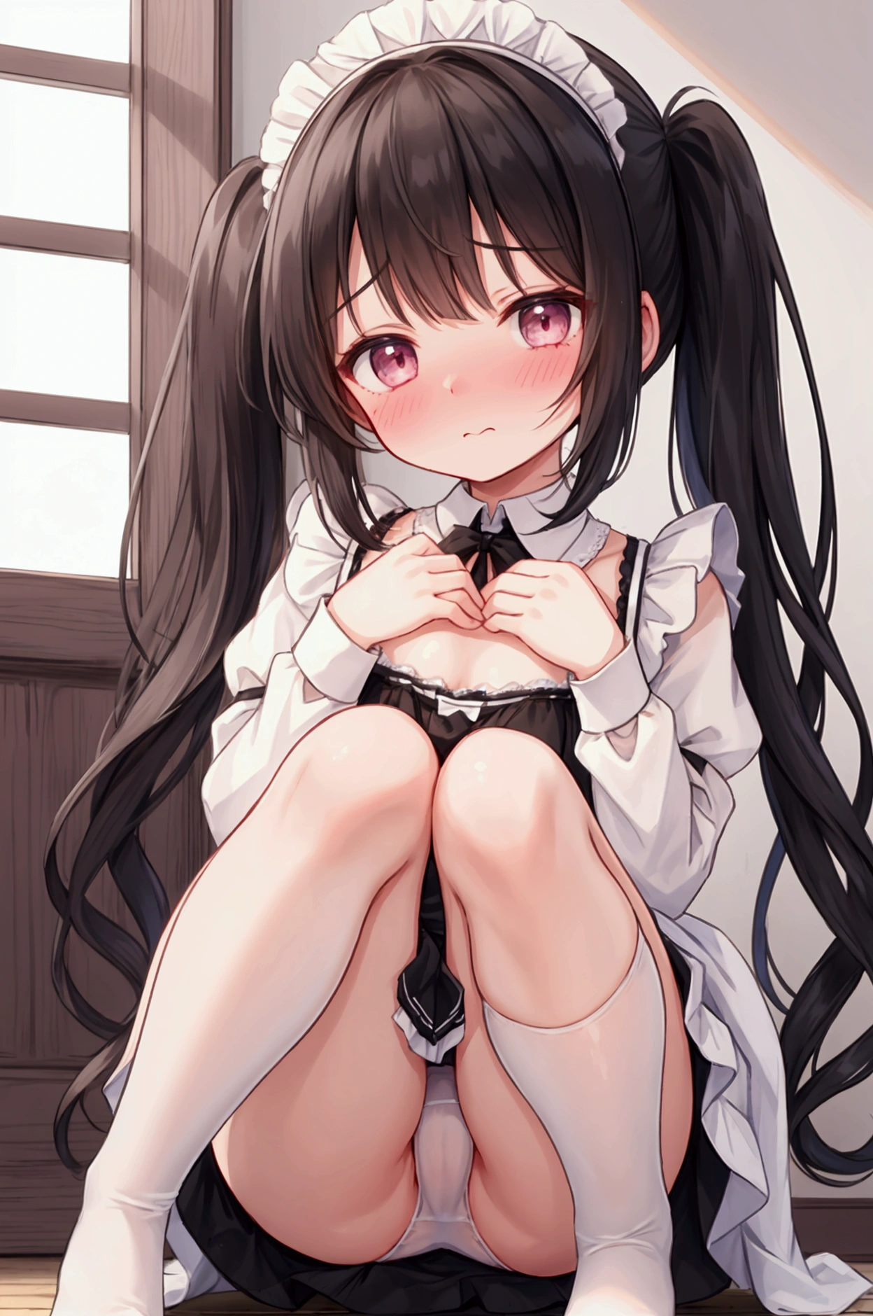 Girl、Black Hair、Pigtails、Embarrassed、blush one's cheeks、Maid clothes、Maid headdress、from the front、knees to chest、White lace panties、pussy juice、indoor