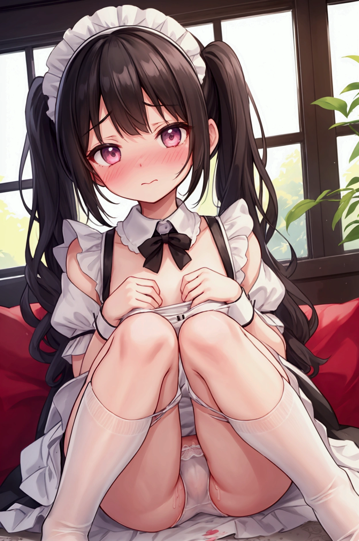 Girl、Black Hair、Pigtails、Embarrassed、blush one's cheeks、Maid clothes、Maid headdress、from the front、knees to chest、White lace panties、pussy juice、indoor