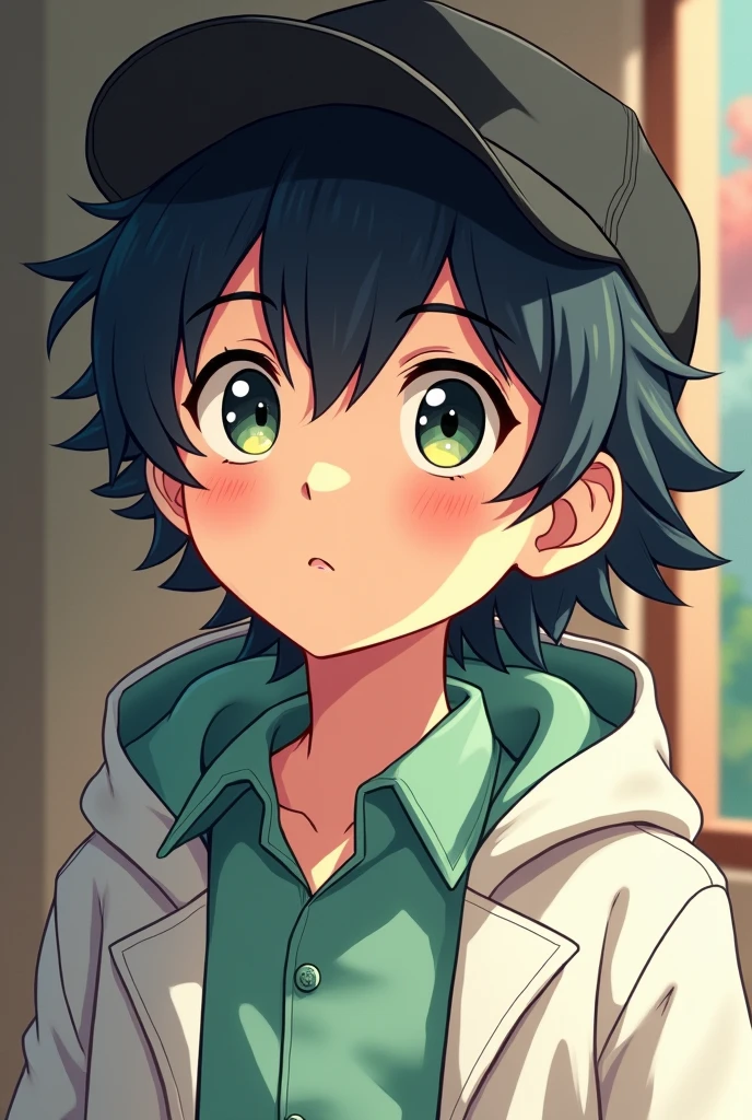 Anime Boy , wear cap black, wearing shirt light green, jacket white, looking something
,hair is wavy and fluffy