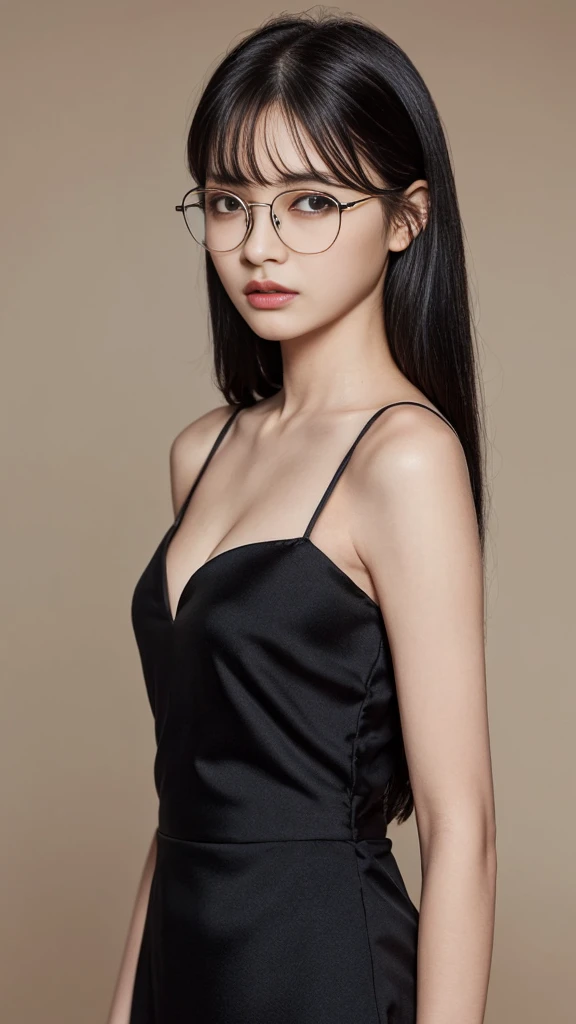 (Highest quality:1.5), (Real:1.4), (Ultra high definition:1.4), (No correction:1.4), (skinny Japanese woman with average size breasts standing front plain background in studio), (A woman wearing black-rimmed glasses), (Very small eyes), (breasts of average size), (Average height), (Cover your forehead with bangs), (Long black hair), (Dark personality expression), (long black evening dress), (black hair woman is standing with black long evening dress front plain background in studio), (woman viewed from the front), (Plain background), (Cowboy Shot), (Cold expression), (upright), (A woman with long black hair and glasses), (Bangs that cover the forehead), (Sharp and tiny eyes)