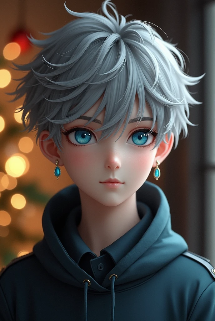 Gray Hair、blue eyes、Beautiful Boy、Earrings、holiday、Inside the room、Handsome
