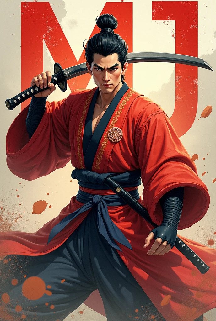 Animater Japanese warrior wearing Bhutanese gho and carrying a sumaria sword with the letter MJ in bold