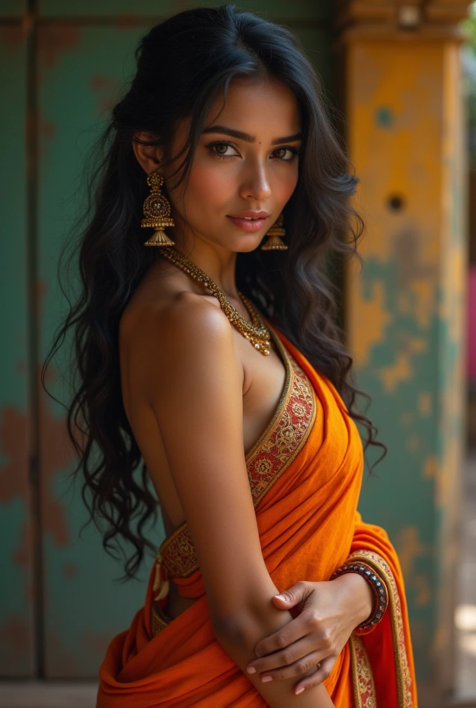 Create a traditional Indian girl photo with sexy shape in sari also expose hip face should be cute
