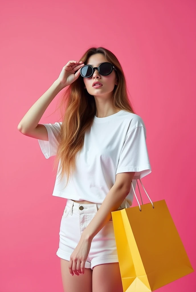 Same girl with the pink background and the t -shirt colour is pure white and medium size t shirt and the girl wear a black colour googles and a shopping bag in her hand . Make sure she stand in different angles and poses