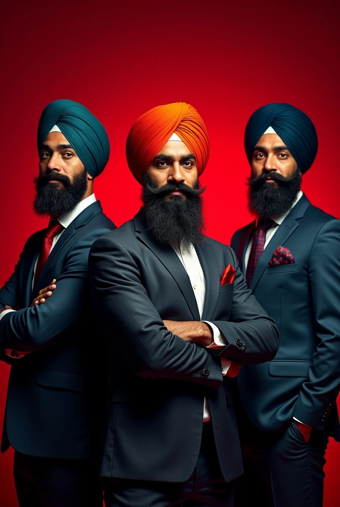 3 Punjabi boy with turban perfect full beard wearing formals posing for Linkedin red light in background