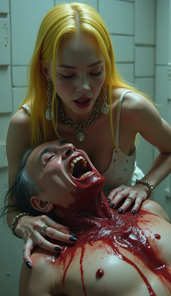 (((photorealistic:1.4))), ultra realistic, pores, (((masterpiece))),high quality, ultra details, realistic white skin beautiful face pretty korean idol adult smilling bloody woman showing long sharp black fingernails, model, very pretty, vein on hands, wearing sexy outfit, pretty long legs, ring on fingers, long yellow hair, long earrings, big necklace, grabbing neck of painful expression of realistic ugly old man head tied up on the post with throat ripped, blood splatter everywhere, extreme gore, looking at camera, night, white torture room with torture device on the table, looking at camera,
