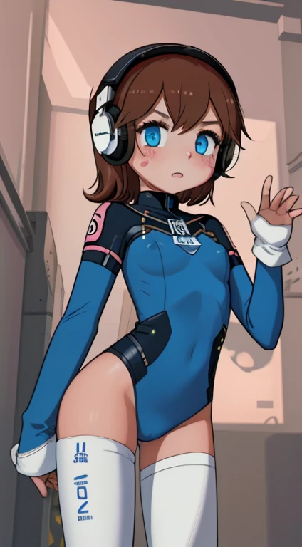 masterpiece，Highest quality，High resolution，One ，Ultra High resolution，alone，Very short stature，Flat Chest，Thin thighs，Mecha Pilot，and，Headphones，Pink Eyes，Cat face decoration, Blue thin tights，Brown Hair，White gloves，Bruises and gestures，