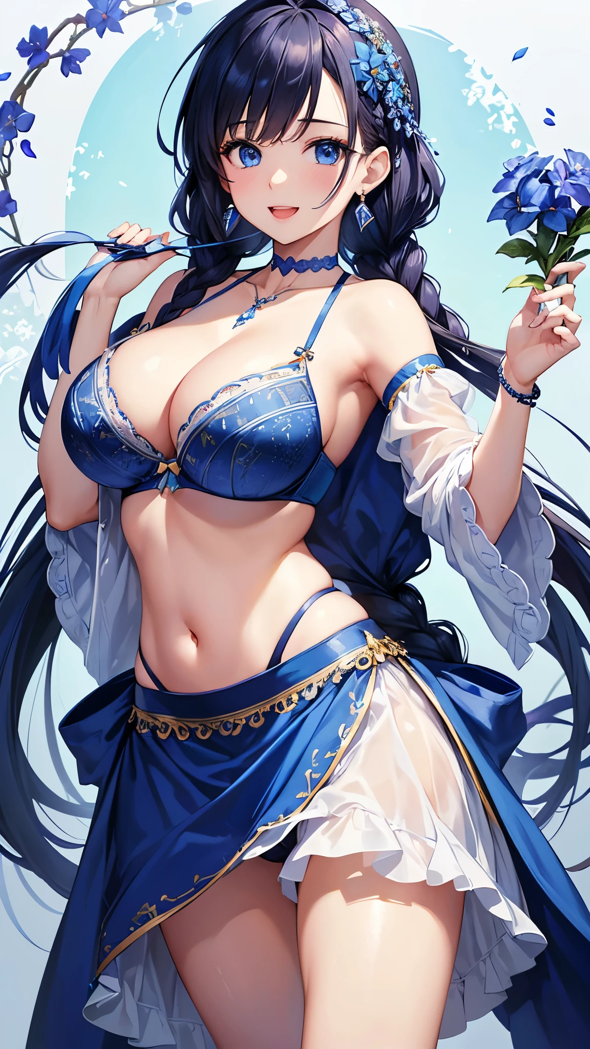 Highest quality、Highest quality、masterpiece、(8k resolution),beauty(Age 25)、(Mature Appearance)、Long Hair(Braiding of the sides)、blue eyes、(Underwear with intricate embroidery、bra)、Big cleavage、((Super big breasts))、smile、blue necklace、Blue Earrings、background(flower)、Please open your mouth wide、Dynamic pose、Blue choker、
