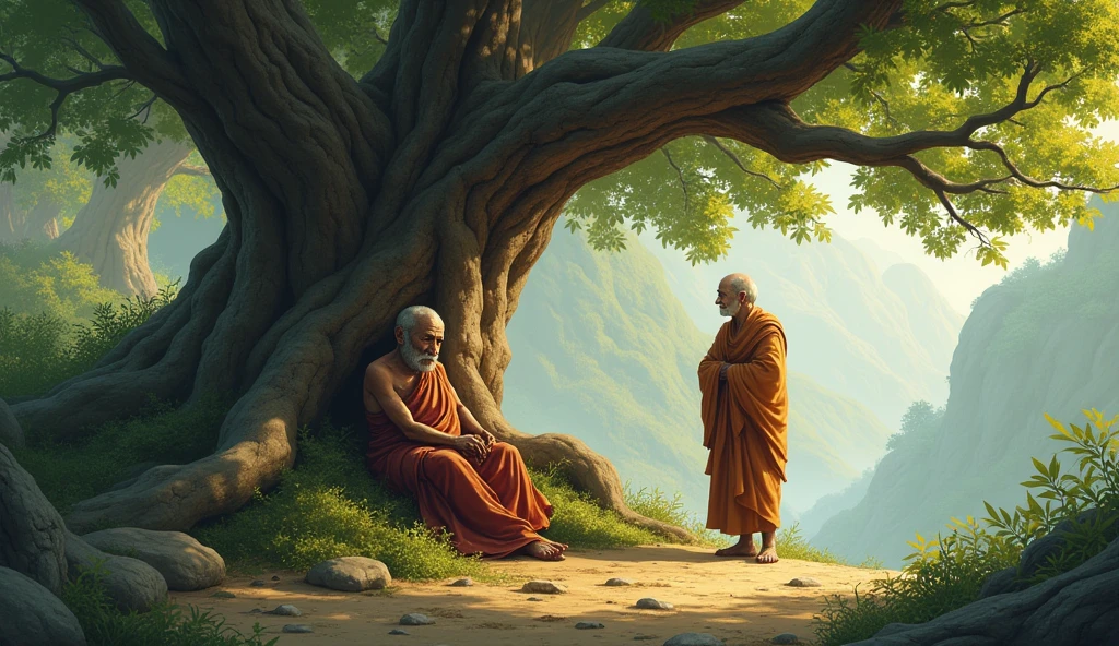 Fatigue**: hors
, now visibly older and more tired, resting under a large tree in the ashram, with the sage watching over him, concern in his eyes