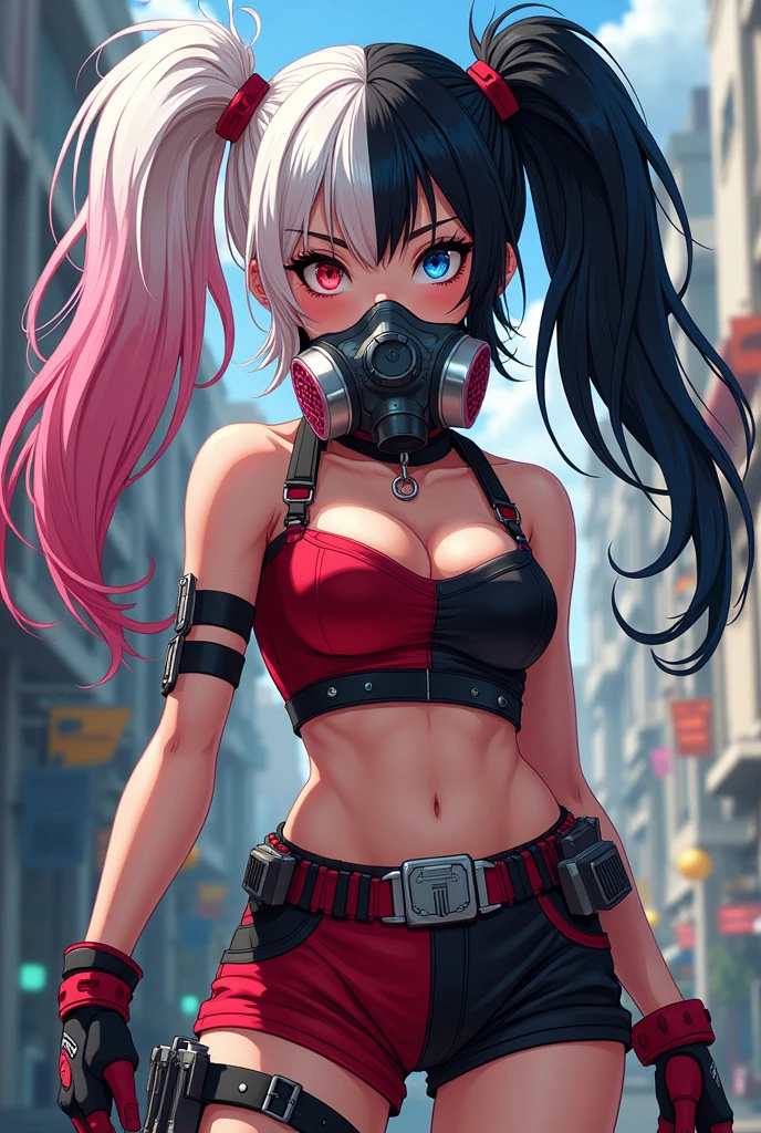 Create me an anime style character similar to Harley Quinn with pigtails with one side of her hair black and the other white with an outfit and a gas mask