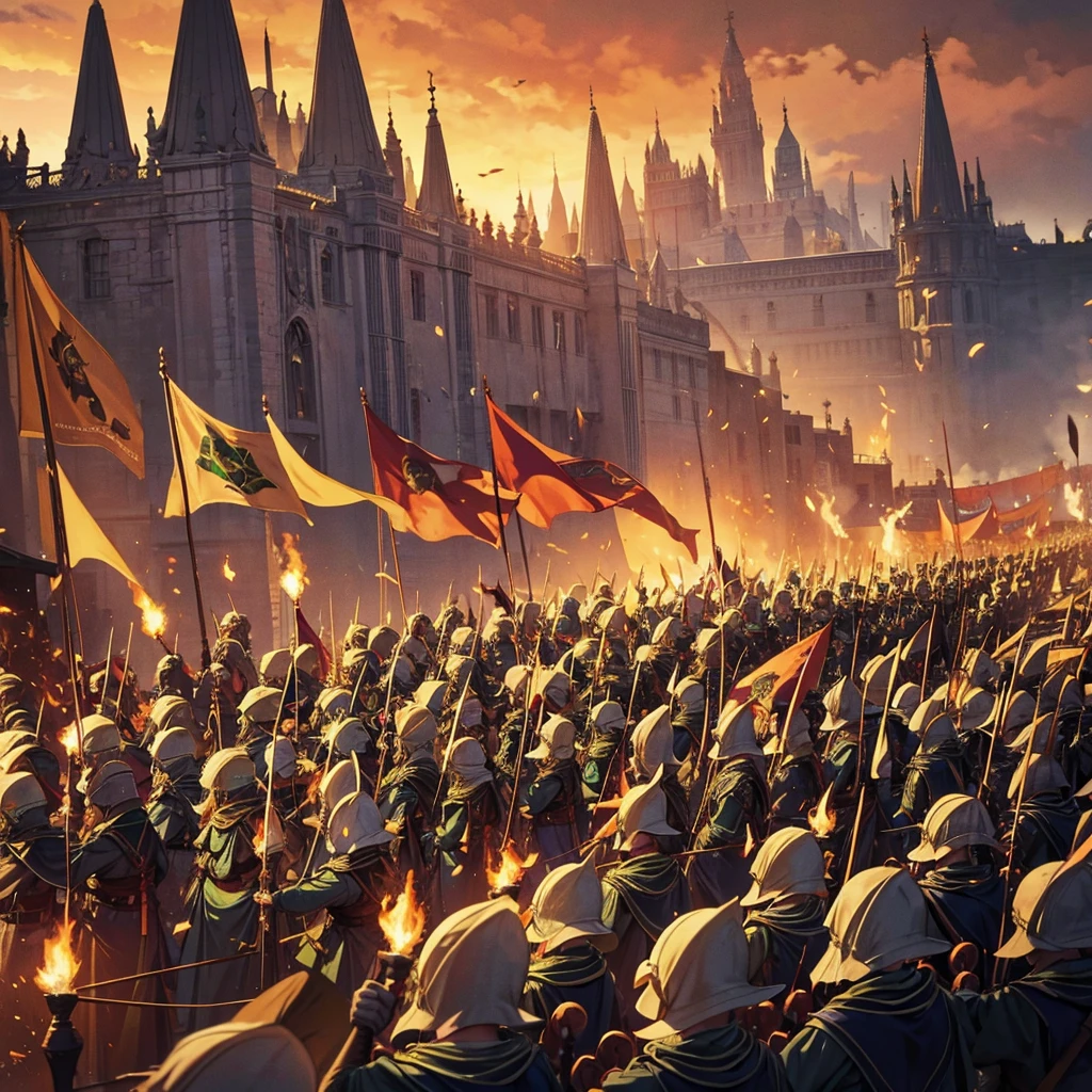 A heavily armed army of elves marches in tight formation with raised banners across the burning fields.., Each soldier is depicted in detail.