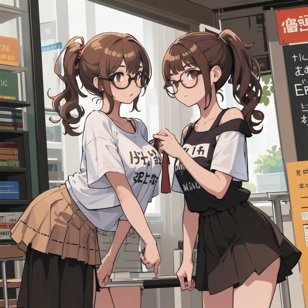 two girls，One wears large round glasses with thick frames，brown hair，Double ponytail curly hair，student，Short skirt。
A girl has a black bob head，Short hair to shoulders，Oversized short T-shirt，Expose shoulders to chest，shorts。