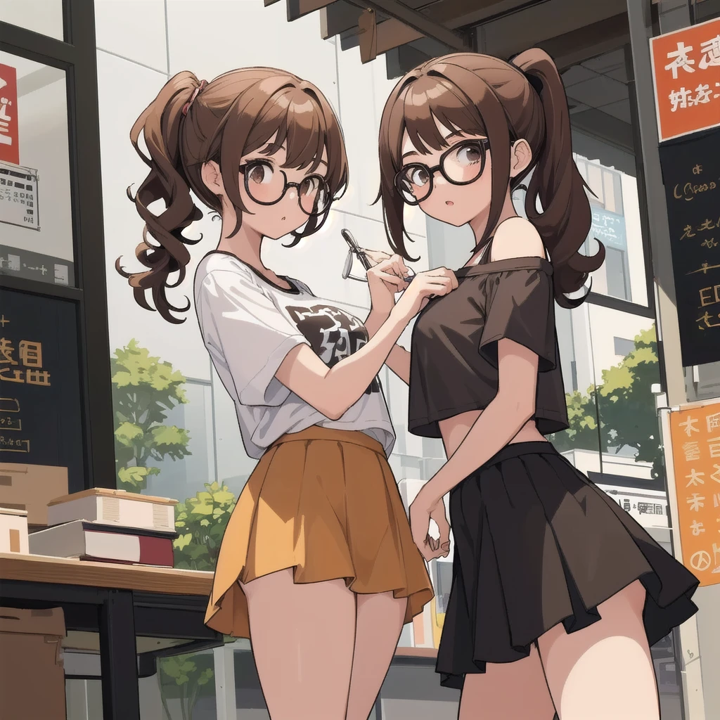 two girls，One wears large round glasses with thick frames，brown hair，Double ponytail curly hair，student，Short skirt。
A girl has a black bob head，Short hair to shoulders，Oversized short T-shirt，Expose shoulders to chest，shorts。