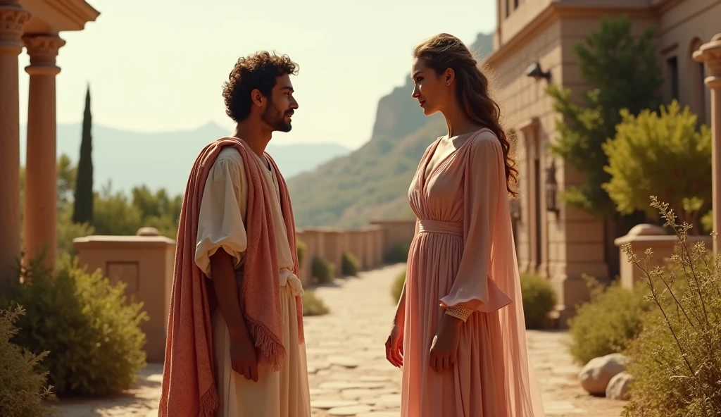 a greek woman wearing light pink greek dress, head to toe visible standing a bit far in front of a greek Shepherd young masculine, background is greek wedding, man and woman similar height, renaissance, cinematic, no romance