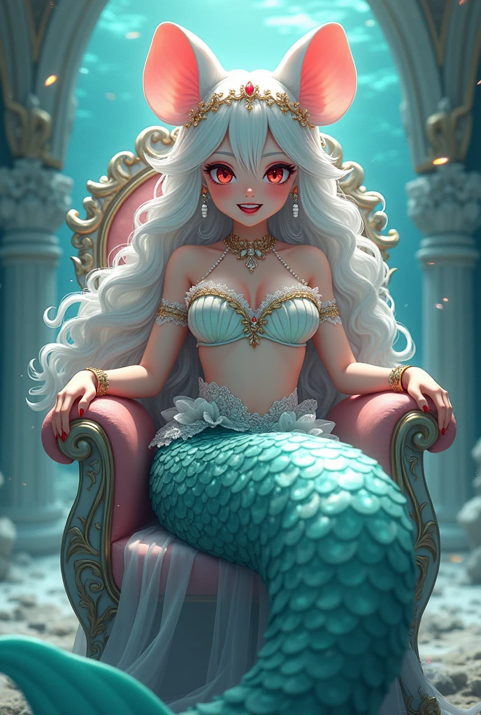 (best quality,4k,8k,highres,masterpiece:1.2),ultra-detailed, drawn in 2D anime style, Pretty albino girl magically transformed into a beautiful mermaid princess, race swap, fantastic transformation, sharp teeth, beautifully detailed lips with lipstick, she’s smiling, steampunk, fishlike, wet body, very long curly white hair adorned with hair accessories, red eyes with long eyelashes, white fur, slim body, red manicured nails, whiskers, mouse ears with pearls earrings hanging from them, long mermaid tail below waistline with shimmering cyan fish scales, pelvic and dorsal fins, a pair of fish gills on her torso, highly detailed seashell bra with intricate patterns, pearl and gold bracelets, pearl necklace, tiara made of seashells, cute princess dress, physically-based rendering,gorgeous frilly dress design,flowing gown,elaborate lace details,rich textures,contrast stitching,delicate ribbon bows,fish scale accents, translucent skirt,fitted waistline,lace-up back,luxurious fabrics,flawless silhouette, joyful expression, sparkling water, water reflections, ethereal atmosphere, subtle glow, whimsical and enchanting, sitting gracefully on a throne chair, underwater castle interior, intricately decorated throne room, magical underwater lighting, vivid colors, breathing underwater, endless ocean depths, light filtering through the water, Highly detailed, masterpiece, high quality, 4K.