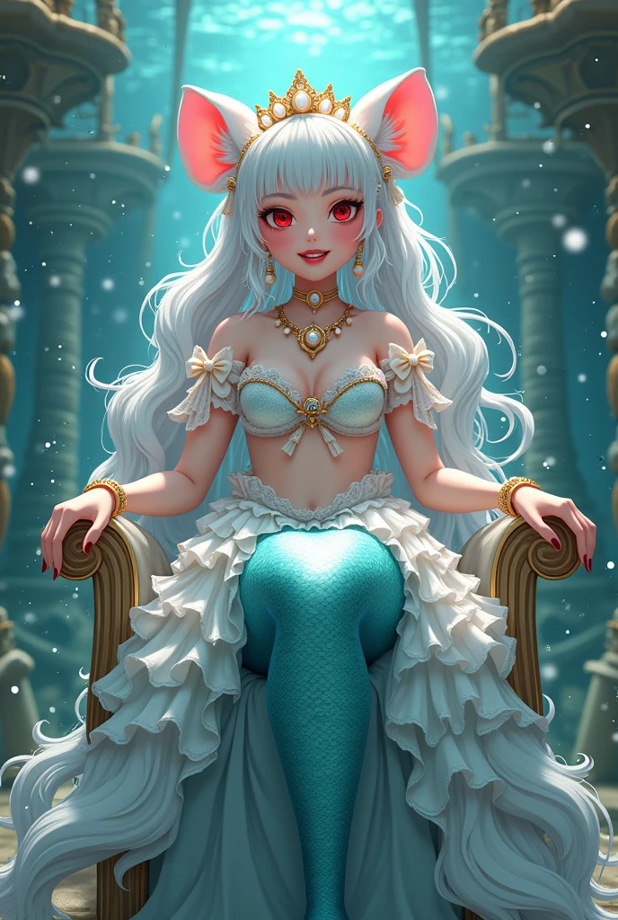 (best quality,4k,8k,highres,masterpiece:1.2),ultra-detailed, drawn in 2D anime style, Pretty albino girl magically transformed into a beautiful mermaid princess, race swap, fantastic transformation, sharp teeth, beautifully detailed lips with lipstick, she’s smiling, steampunk, fishlike, wet body, very long curly white hair adorned with hair accessories, red eyes with long eyelashes, white fur, slim body, red manicured nails, whiskers, mouse ears with pearls earrings hanging from them, long mermaid tail below waistline with shimmering cyan fish scales, pelvic and dorsal fins, a pair of fish gills on her torso, highly detailed seashell bra with intricate patterns, pearl and gold bracelets, pearl necklace, tiara made of seashells, cute princess dress, physically-based rendering,gorgeous frilly dress design,flowing gown,elaborate lace details,rich textures,contrast stitching,delicate ribbon bows,fish scale accents, translucent skirt,fitted waistline,lace-up back,luxurious fabrics,flawless silhouette, joyful expression, sparkling water, water reflections, ethereal atmosphere, subtle glow, whimsical and enchanting, sitting gracefully on a throne chair, underwater castle interior, intricately decorated throne room, magical underwater lighting, vivid colors, breathing underwater, endless ocean depths, light filtering through the water, Highly detailed, masterpiece, high quality, 4K.