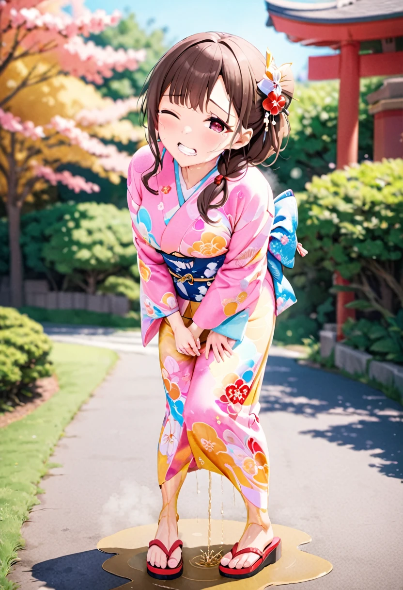 NSFW, (masterpiece, top quality, best quality, highly detailed:1.6), anatomically correct, (full body), wide shot, long shot, (Knee rubbing:3), (leaning forward, Hold the crotch area over the clothes:2), (standing:2), (((clutching crotch))), (woman standing in the shrine, outdoor), (Pastel Colors kimono, Maxi Length, Extremely wet with pee:2.5)),strong facial expression, (sharp eye:1.2), (scowl:1.1), (embarrassed,blush:1.3), (steam:2.5), (Wet:1.1), (sweat:1.1), (trembling:1.3), (open mouth, wavy mouth:1.7), (clenched teeth:2.3), (Drooling from the mouth:0.7), (half open eyes:2.5), (Close one eye, Winking:3), (tears:3), (feeling weak:1.5), (bravery crying, sobbing:1.5), (shoot from front:1.2), (Red sandals:2), (long hair, Dark Brown hair, low ponytail:1.5), (woman trembling with sexual climax:1.5), colorful, perfect composition, (Touching the crotch:1.7), urination, incontinence, piss, peeing self, A lot of pee, (((pee stream))), (pee puddle), Wetting herself, peeing, blush, trembling, embarrassed, large breasts, Yellow pee, ((leaking pee)), Shaking one's shoulders, Breaking a sweat on forehead, Pee spread on the floor, (Pee stains), Full bladder, ((Pee-soaked kimono)), Pee-soaked ankle socks, natural makeup,Pee dripping from kimono,(Kimono with big urine stains),